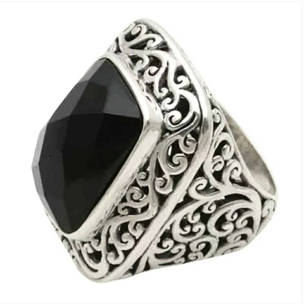 STERLING SILVER LARGE FACETED ONYX ORNATE RING - Picture 6 of 6